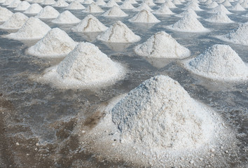 White pyranids of sea salt line in Petchaburi, Thailand