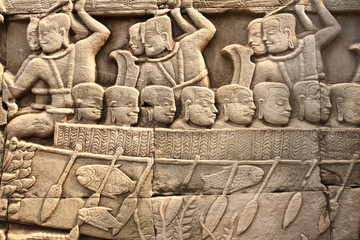 Poster - wall carving of prasat bayon temple, angkor wat complex, siem re