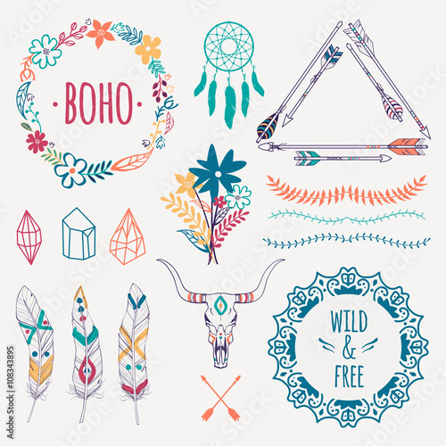 Download Vector ethnic set with arrows, feathers, crystals, floral ...