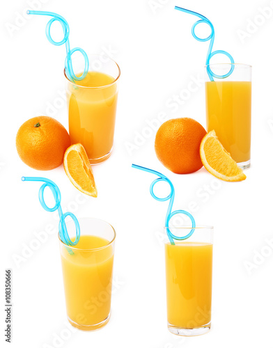 Foto Hohes Glas füllte mit dem Orangensaft mit Trinkhalm des gebogenen blauen Plastik