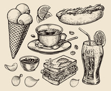Fast Food. Hand Drawn Cup Coffee, Tea, Sandwich, Hot Dog, Soda, Lemonade, Potato Chips, Ice Cream. Sketch Vector Illustration