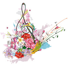 Summer Music With Flowers And Butterfly, Colorful Splashes.