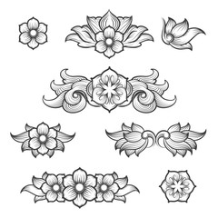 Canvas Print - vintage baroque engraving floral elements. retro scroll foliage engraving ornament symbols vector