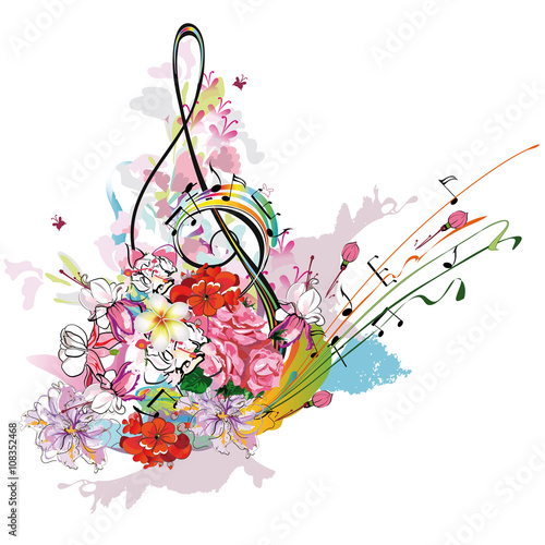 Summer music with flowers and butterfly, colorful splashes. Buy this