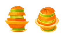 Stack Of Citrus Sliced Fruits Over White Isolated Background
