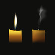 Realistic candle flaming and extinct wick with transparent smoke vector illustration isolated on black background, elegant candle fire light glow