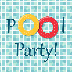 Pool party invitation as two rubber rings on pool tiles background