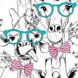 Fototapeta Dziecięca - Seamless pattern with giraffes in the glasses and with bow. Vector illustration.