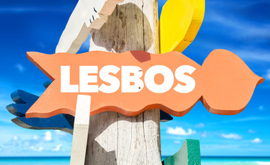 Poster - Lesbos signpost with beach background