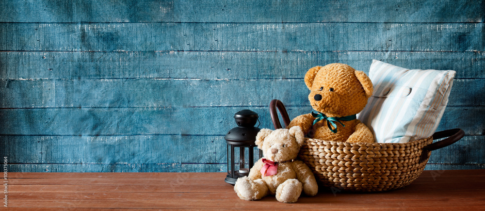 Cute Teddy Bear In A Basket Banner Stock Photo | Adobe Stock