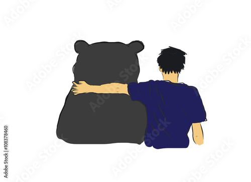 Unidentified man hug the big black bear for encourage my own sketch Poster Mural XXL