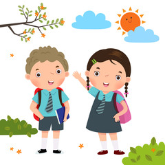 Sticker - Two kids in school uniform going to school