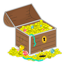 Isolated Vintage Wooden Treasure Chest Full Of Golden Coins, Cups, Diamonds, Gems In Open Position On White Background - Eps10 Vector Graphics And Illustration