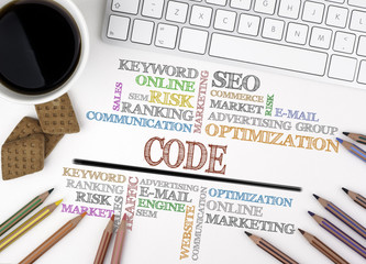 Wall Mural - code word cloud, business concept. white office desk