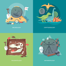 Education And Science Concept Illustrations. Archeology, Cryptozoology, Paleontology And Anthropology . Science Of Life And Origin Of Species. Flat Vector Design Banner.