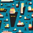 Seamless marine pattern with ships. Set of planar cruise liner, container ship, tanker, freighter.
