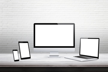 Wall Mural - devices with isolated white display for responsive web promotion. computer, laptop, tablet, smart ph