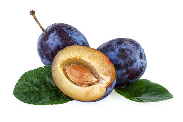 Wall Mural - Plums closeup. Ripe plums fruit isolated on white background.