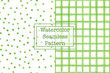 Set of two watercolor seamless patterns, green color. Square/check pattern and polka dot pattern. Watercolor seamless pattern for any your design project or for print on any item. 