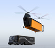 Cargo drone prepare to landing beside a hybrid truck. 3D rendering image. Original design.