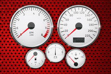 Dashboard - Speedometer, Tachometer, Fuel, Temperature Gauge On Red Perforated Background