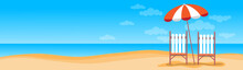 Summer Beach Vacation Sunbed With Umbrella Sand Tropical Banner Copy Space