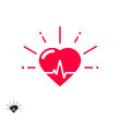 Heart beat vector icon with cheering rays, good healthy heart shape with beat line inside flat cartoon illustration design isolated on white background