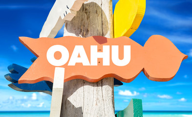 Wall Mural - Oahu signpost with beach background