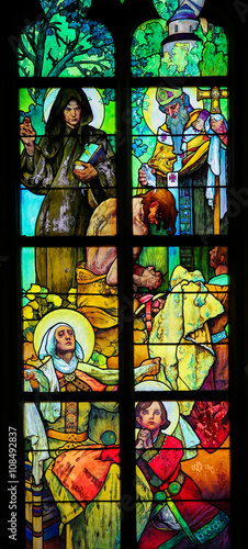 Stained Glass in Prague Cathedral by Alphonse Mucha Tableau sur Toile