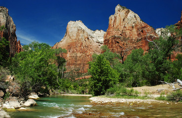 Poster - stream winding in valley under rocky mountain