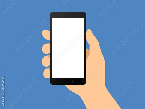Fotografering Human hand holding smartphone / smart phone flat vector illustration