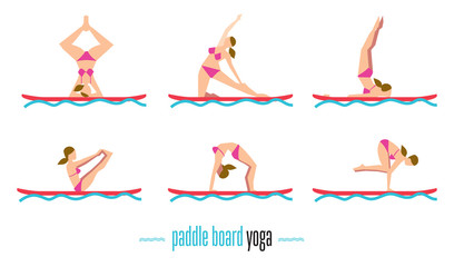 Wall Mural - Paddle board yoga set, sup yoga. Six different poses on the paddle board. Girl standing in different yoga poses. Bitmap illustration. Relaxing time.