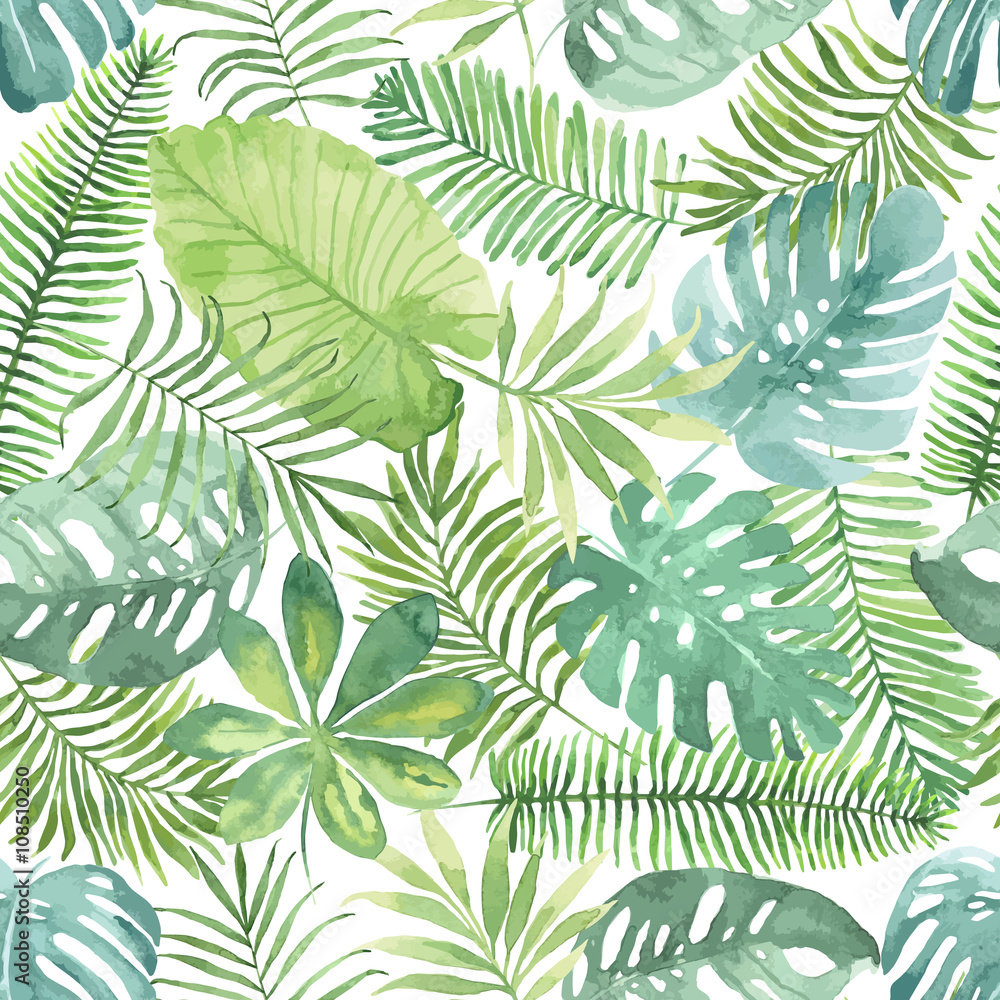 Tropical seamless pattern with leaves. Watercolor background with tropical leaves. - obrazy, fototapety, plakaty 