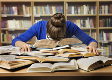 Student Studying Hard Exam, Sleeping On Books Read In Library