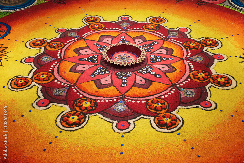 Deepak with colourful rangoli - obrazy, fototapety, plakaty 