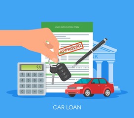 Approved car loan vector illustration. Buying automobile concept. Hand holding key