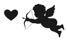 Angel Amur Cupid On Wings With Bow Arrow And Heart Black Icon