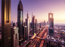 Dubai Skyline In Sunset Time, United Arab Emirates