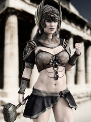 Female Goddess of war posing in front of Greek architecture with black and white tint . Photo realistic 3d model scene.