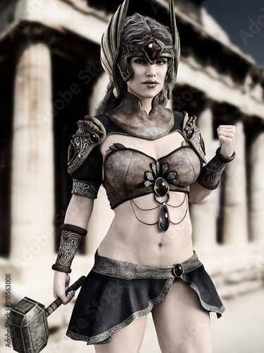Fotografie, Obraz Female Goddess of war posing in front of Greek architecture with black and white tint