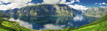 Beautiful Panorama With View To Aurland, Aurlandfjord And Sognefjord From Stegastein In Norway, Europe. Sognefjord Is Largest And Second Longest Fjord In The World. 