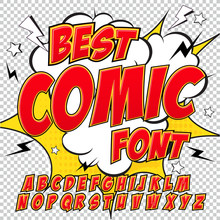 Creative High Detail Comic Font. Alphabet In The Red Style Of Comics, Pop Art.