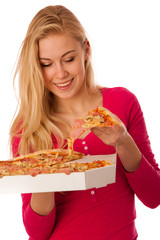 Wall Mural - Woman with big pizza in carton box can't wait to eat it.