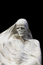 Statue Of The Death Focusing On Head Skull And Torso With A Veil On Isolated Black Background