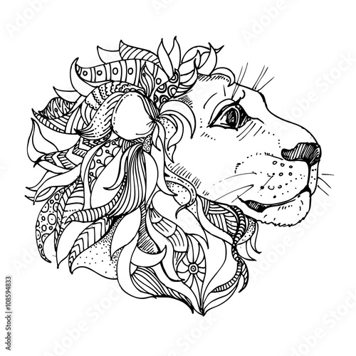 hand drawn ink doodle lion on white background coloring