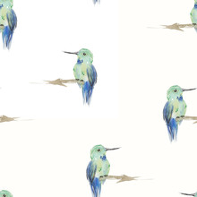 Cute Watercolor Seamless Pattern. Repetitive Texture With Isolated Kingfisher Bird Sitting On Branch On White Background.  Hand Drawn Bright  Background