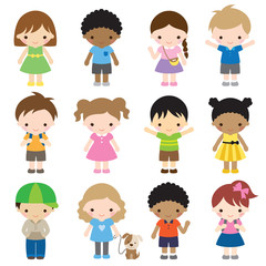 Vector illustration of kid characters in different clothes and poses.