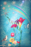 Fototapeta Paryż - Colorful flowers of spring in the blue background