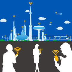 Poster - colorful cityscape panorama view and people holding smart device,wireless communication,  futuristic buildings, vector illustration