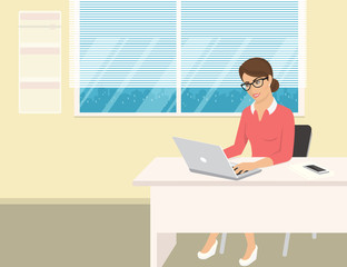 Wall Mural - business woman wearing rose shirt sitting in the office and working with laptop. flat illustration o